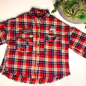 Dance Marvel cherry red Patchwork Plaid Fray button up cycled small shirt